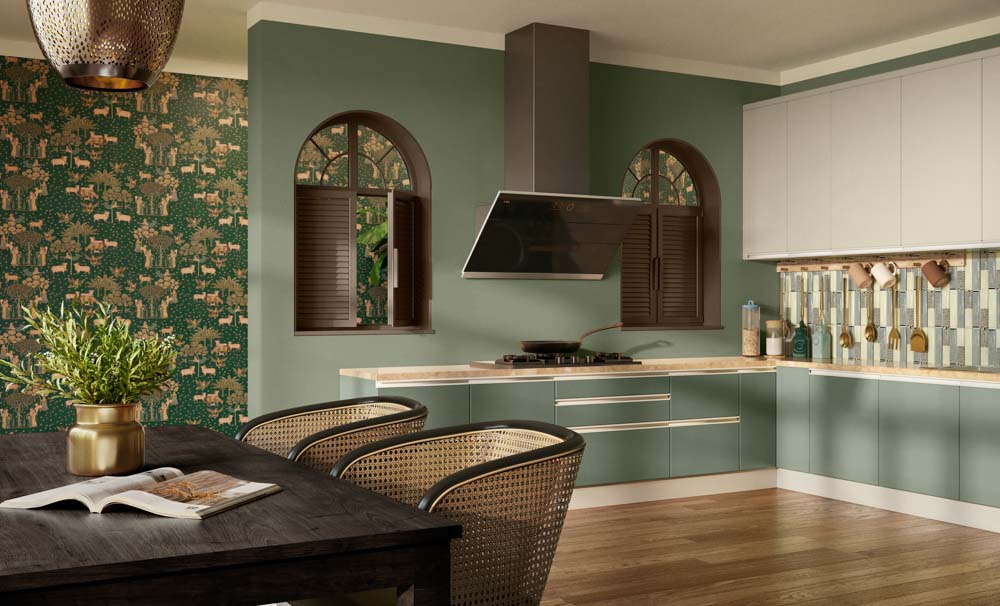 White overhead kitchen cabinet in a green kitchen - Beautiful Homes