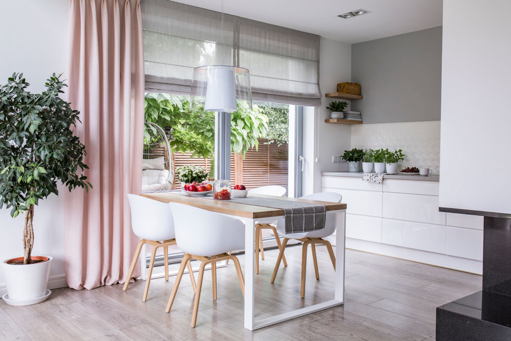 Pastel coloured curtains & shades with minimal kitchen interior design for your home interior - Beautiful Homes