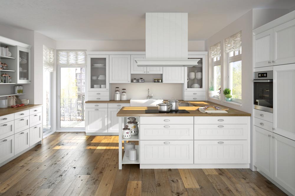 Perfect kitchen design with white interiors & wooden butcher block countertop - Beautiful Homes