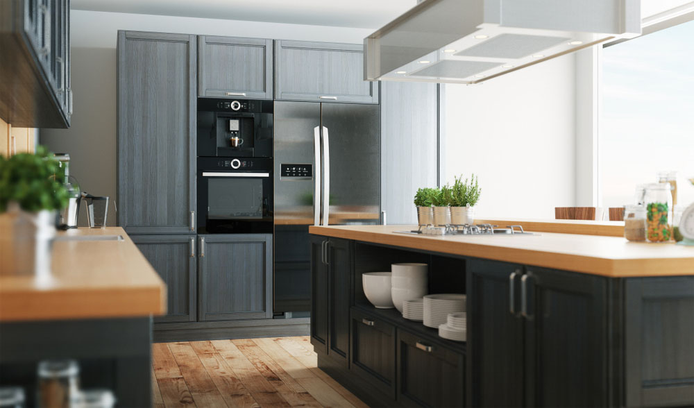 A modular kitchen with glossy finish to the wooden kitchen cabinets & wooden flooring & kitchen island - Beautiful Homes