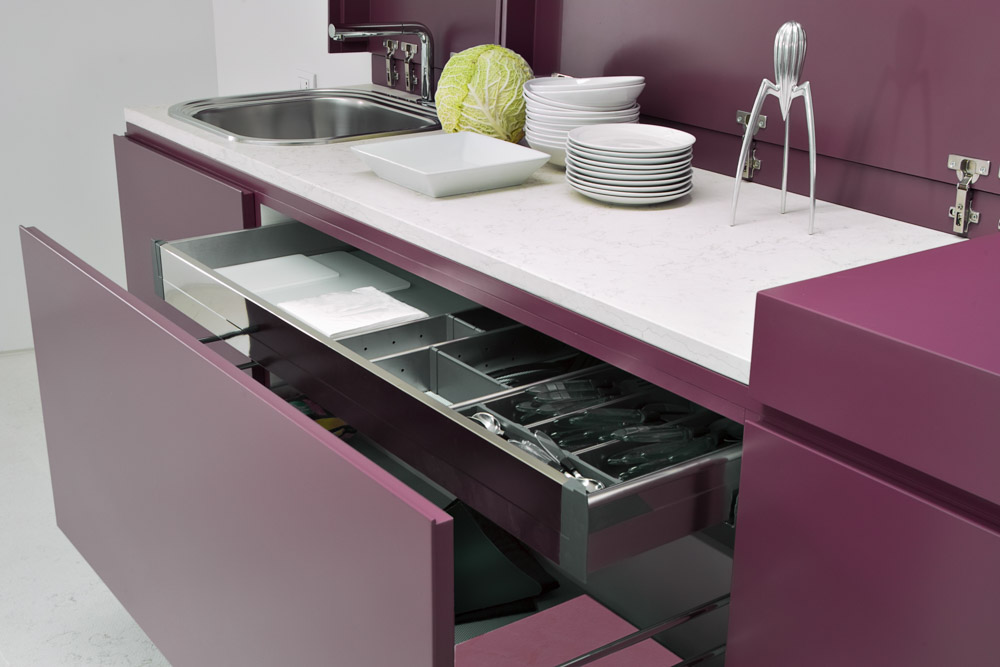 Kitchen drawer within another kitchen cabinet drawer - Beautiful Homes Purple kitchen drawer within another kitchen cabinet drawer - Beautiful Homes