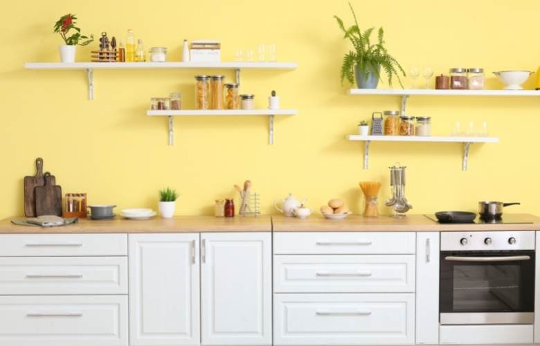 Kitchen design with wall mounted shelves for storage - Beautiful Homes