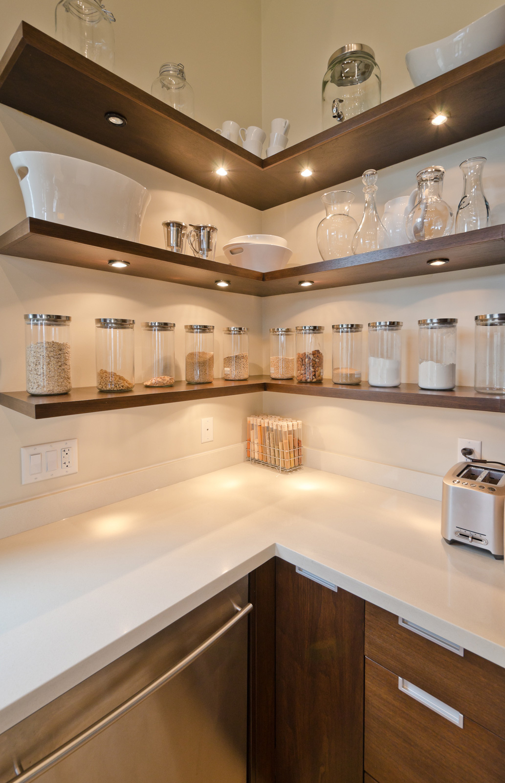 Put corners above counter tops to good use with narrow shelves - Beautiful Homes