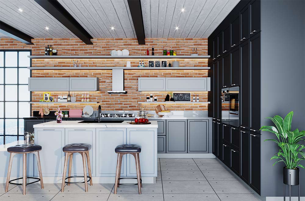 All white kitchen colour combination with bricked wall - Beautiful Homes