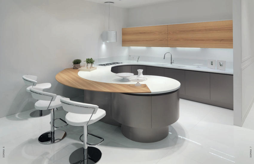 Minimal mini kitchen design with bar chairs, matte white walls, light wood and grey cabinetry