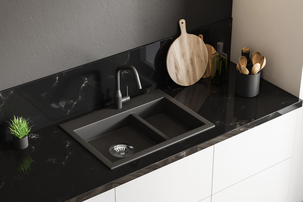 Chic black coloured indian marble kitchen sink design & kitchen countertop - Beautiful Homes
