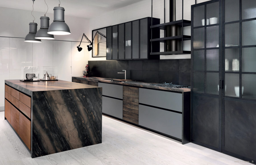 Charcoal-coloured urban kitchen design with white walls and light wooden floor, pendant lamps