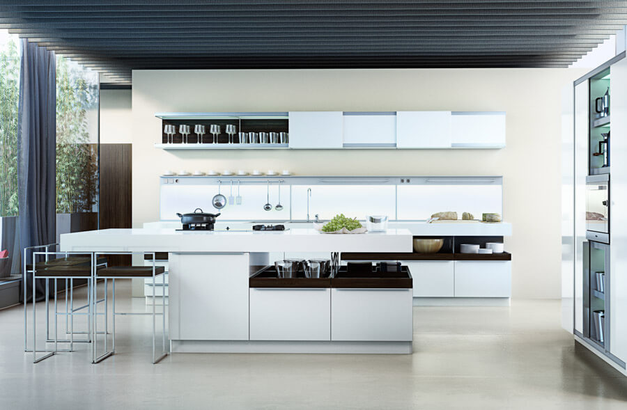 Modern white kitchen design with storage space under the table and a false grey ceiling