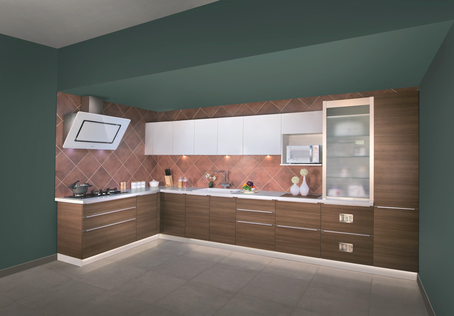 Wood Kitchen Design With Wooden Cabinetry and Earthy Tiles Backsplash And Moss Green Walls - Beautiful Homes