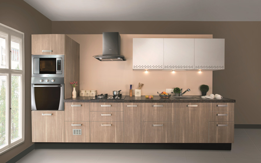 Wood Kitchen Design with Light Wood and Peach Splashback, White Cabinets and Granite Countertop - Beautiful Homes