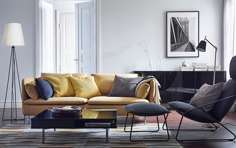 Black & White living room design with colour blocking sofas for décor - Beautiful Homes