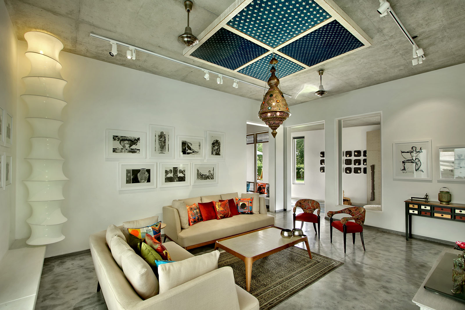 White Modern Living Room Design With Cream Colour Sofa & Designer Ceiling - Beautiful Homes