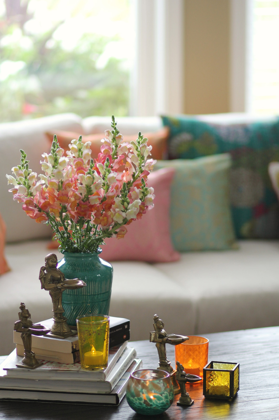 Style Your Coffee Table With Mix of Books & Coloured Flower Vase for Diwali Decoration For Living Room - Beautiful Homes