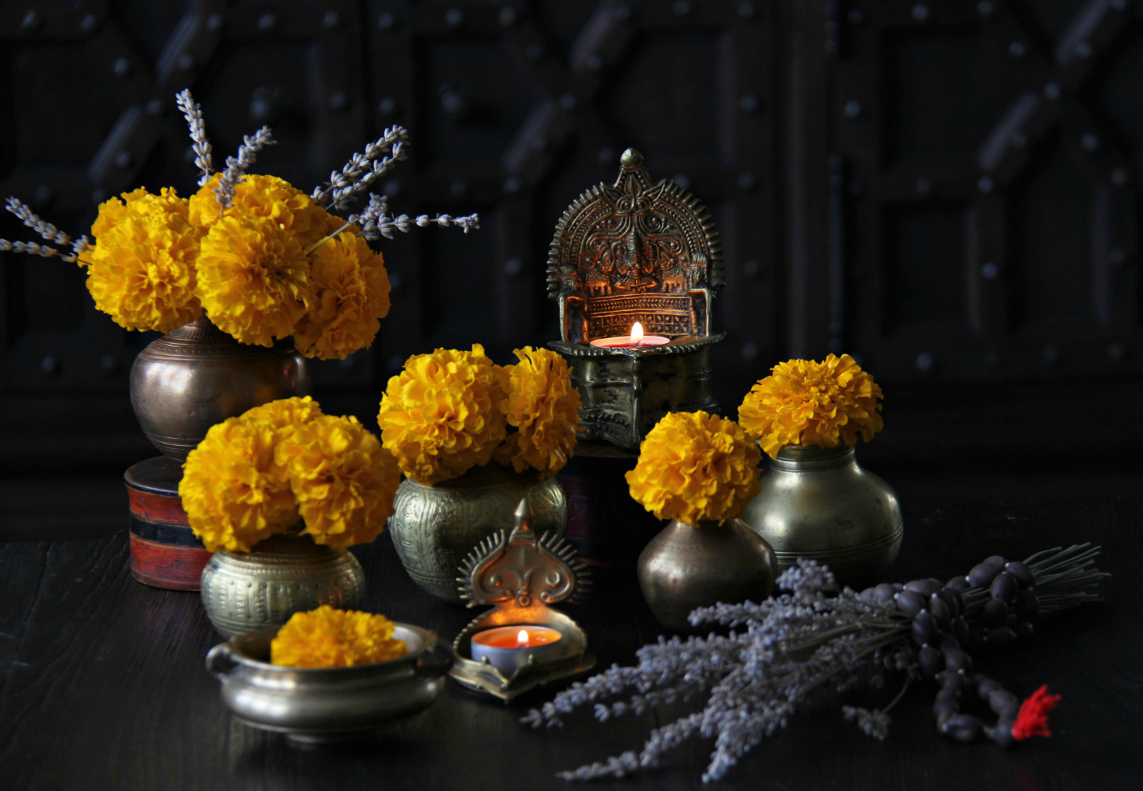 Diwali Decoration Ideas For Living Room With Marigolds in a Vintage Brass Kalashas - Beautiful Homes