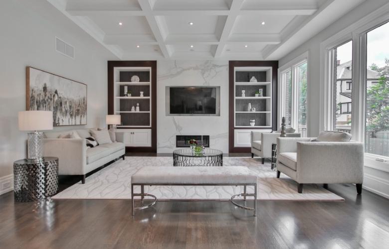 White & textured living room carpet design in an all white living room - Beautiful Homes