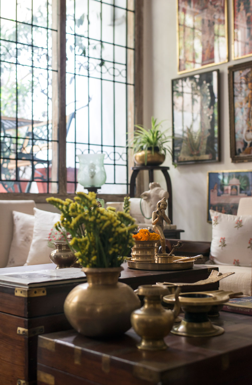Coffee Table Décor For Living Room in Indian Aesthetic Style With Brass Makta as a Vase - Beautiful Homes
