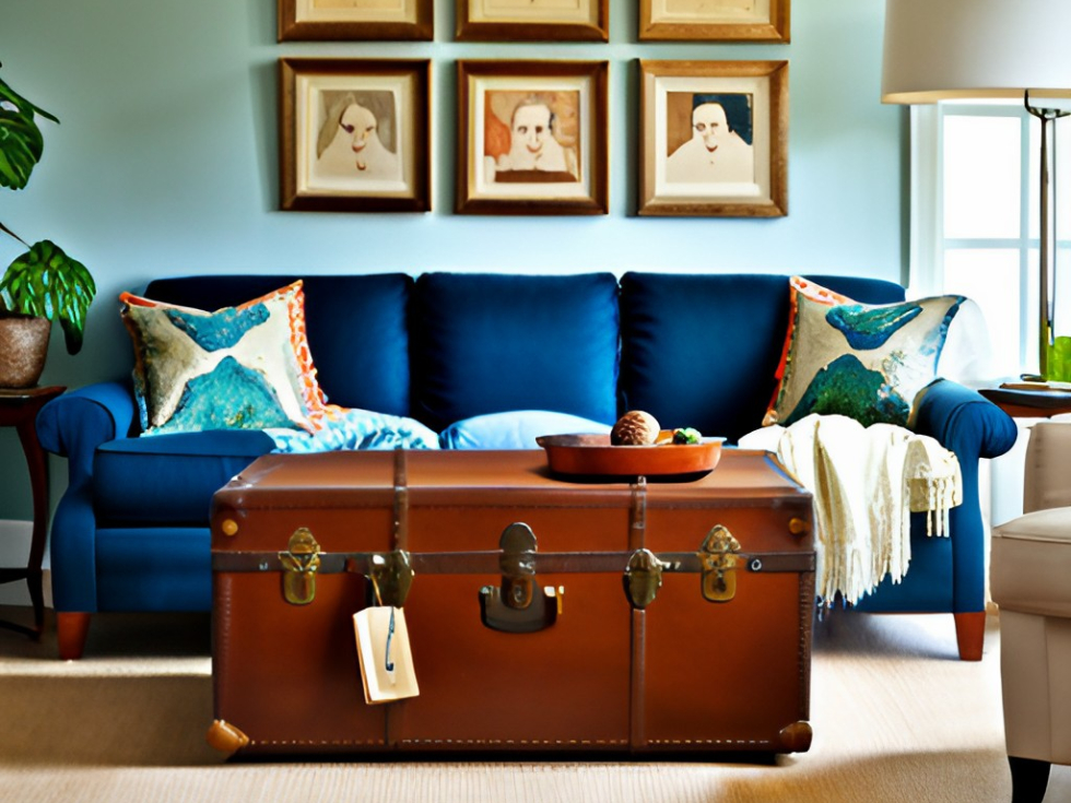 Vintage trunk as coffee table for small living room - Beautiful Homes