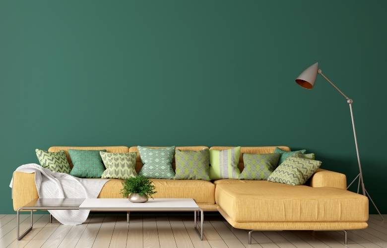 Large yellow coloured modular sofa design in this modern living room - Beautiful Homes
