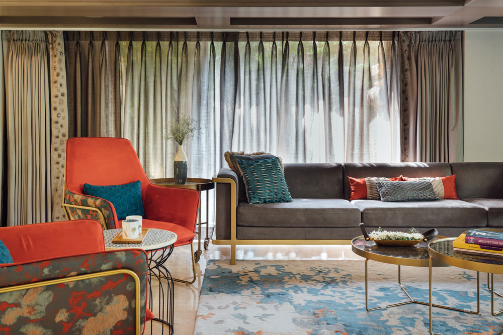 Bold Colours & Bold Prints Contemporary Sofa Design For Living Room With Rug & Centre Table  - Beautiful Homes