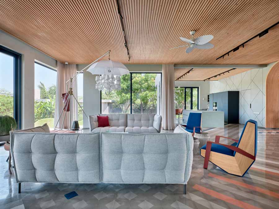 Modern Style White Colour Sofa Set & Blue Armchairs For Living Room With Linear Wooden Frames - Beautiful Homes