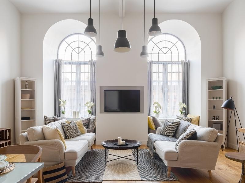 Long palladian window with white curtains - Beautiful Homes